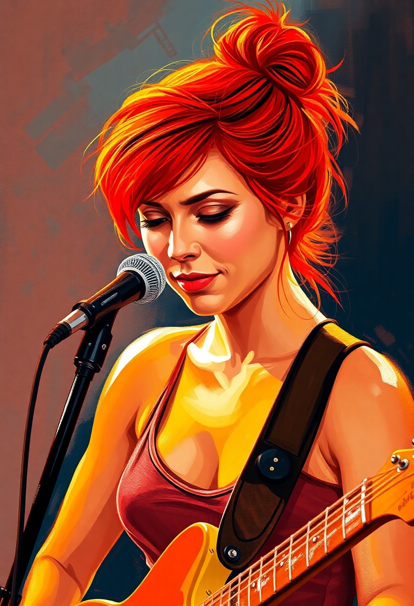 AI generated art for prompt: Create an impressionist-style portrait of a musician with warm, retro skin tones and vibrant red hai