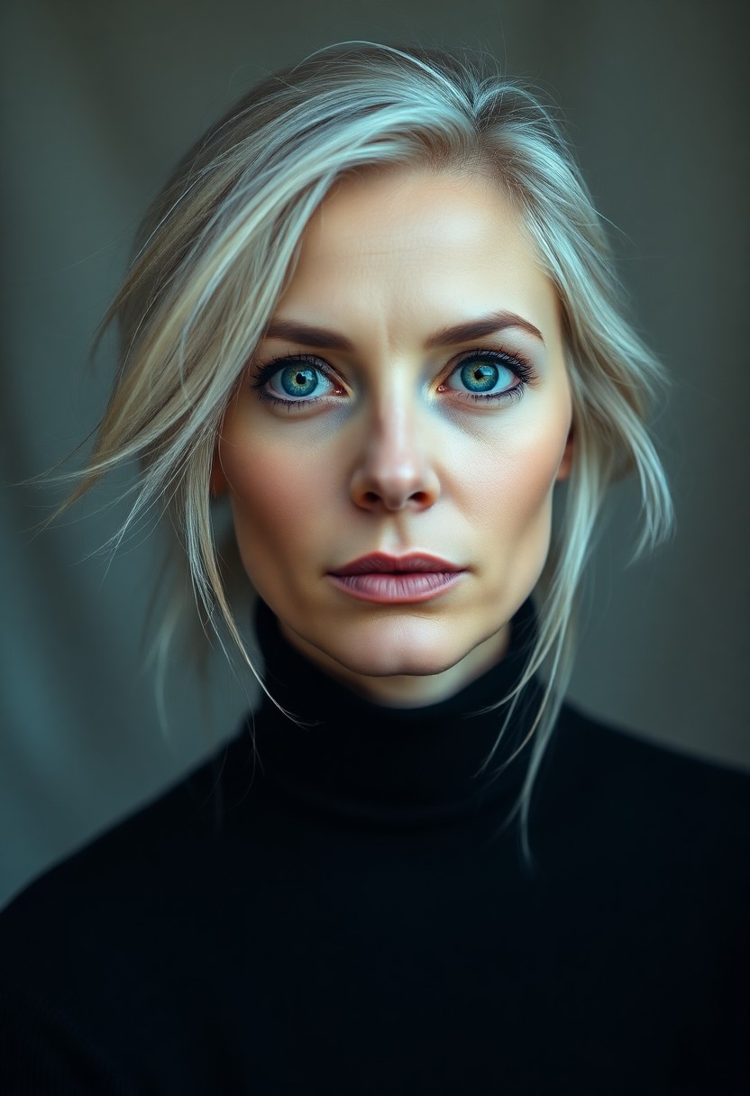 AI generated art for prompt: A photorealistic portrait photograph captures an enigmatic figure with piercing emerald eyes and age