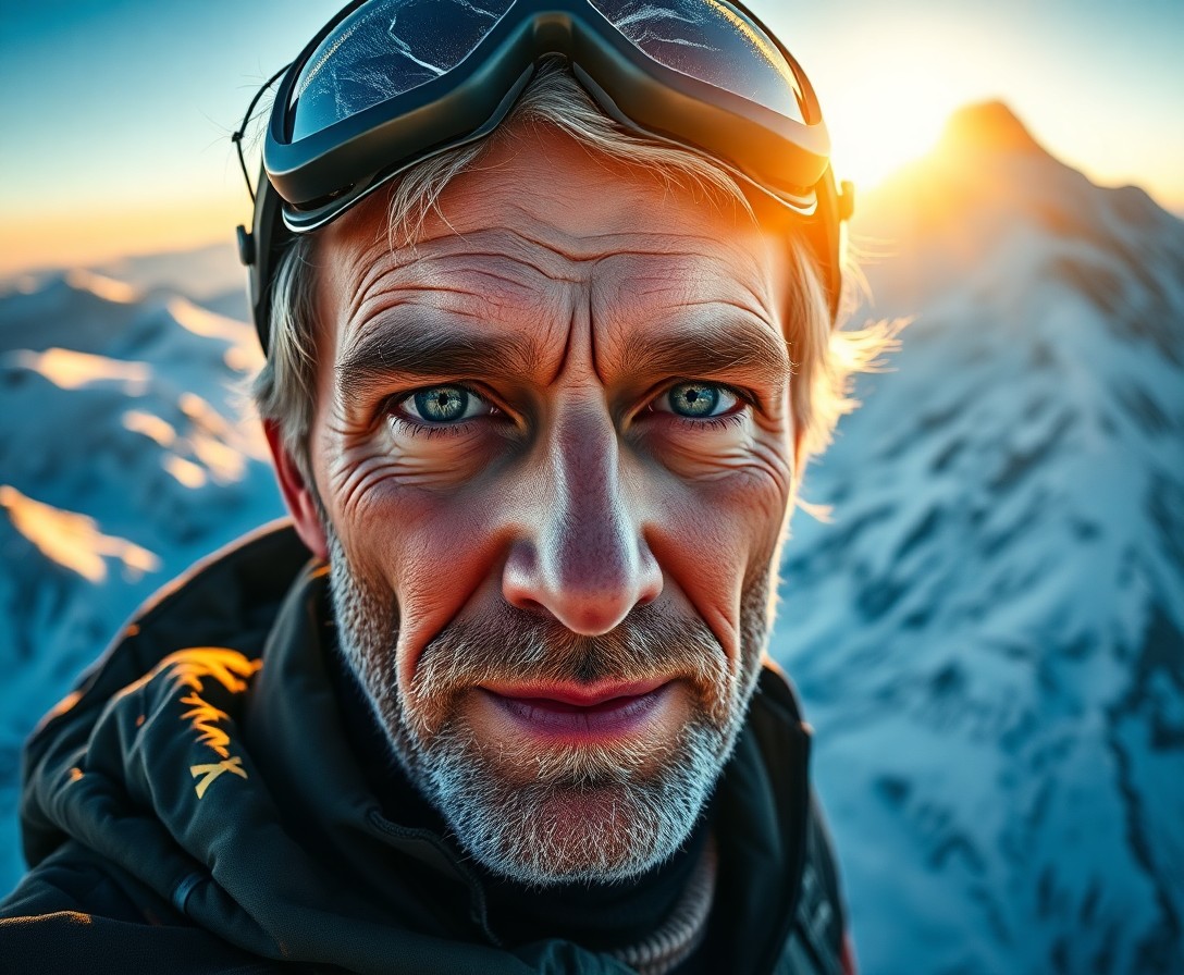 AI generated art for prompt: Envision a photorealistic portrait of a seasoned mountain climber with rugged yet elegant features: 