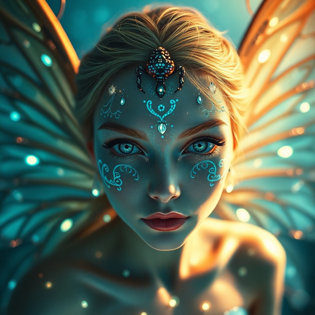 AI generated art for prompt: Craft an enchanting photorealistic portrait of a celestial fae from a mystical realm, employing adva