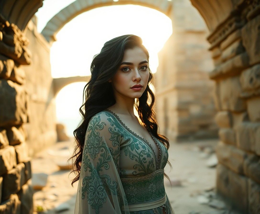 AI generated art for prompt: Envision a captivating portrait photograph, shot on film, of an enigmatic young Mediterranean woman 