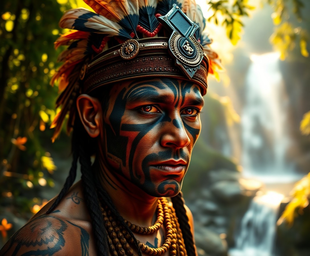 AI generated art for prompt: An enigmatic tribal warrior adorned with intricate facial tattoos exudes both fierce determination a