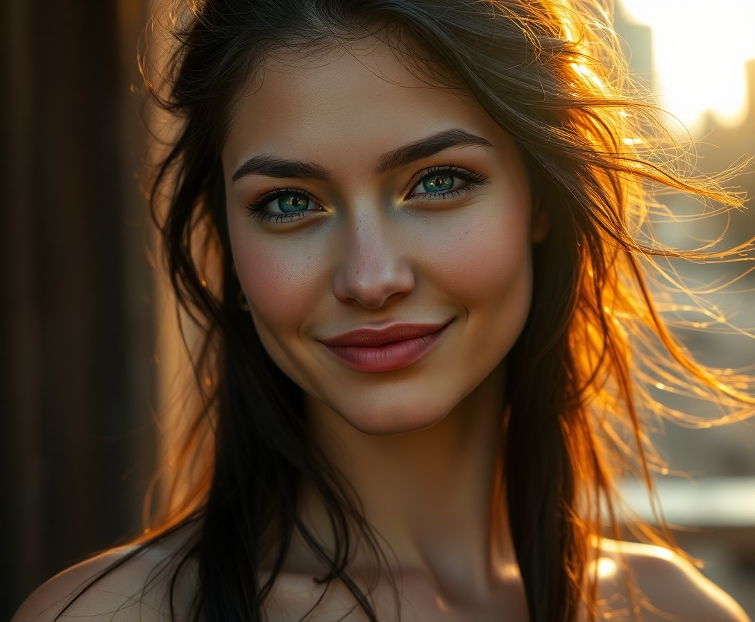 AI generated art for prompt: Craft a photorealistic portrait of an Amazonian woman with captivating azure eyes and an enigmatic s