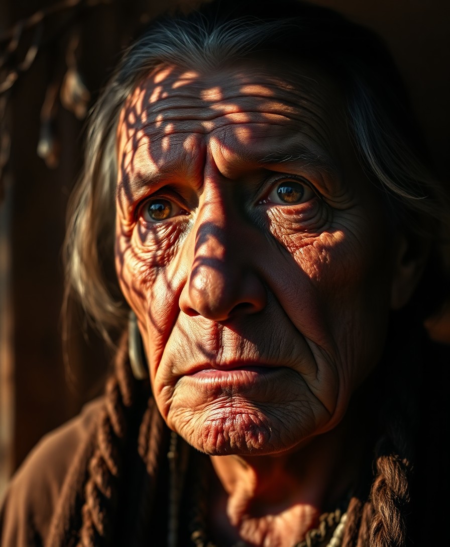 AI generated art for prompt: Envision a photorealistic portrait of an aged Native American elder with deep, wise brown eyes set a