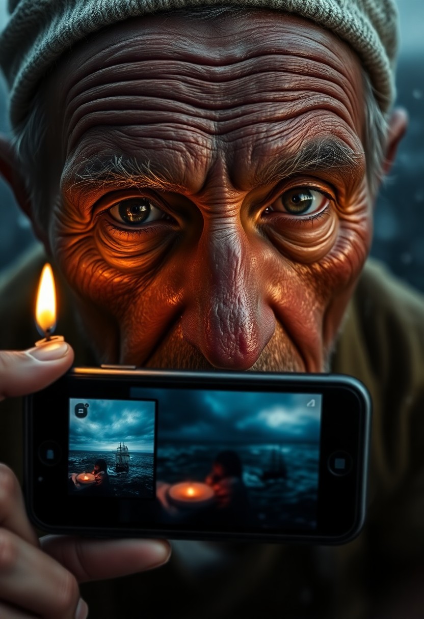 AI generated art for prompt: A smartphone captures a portrait of an aged sailor, his face etched with lines from years at sea. Ca
