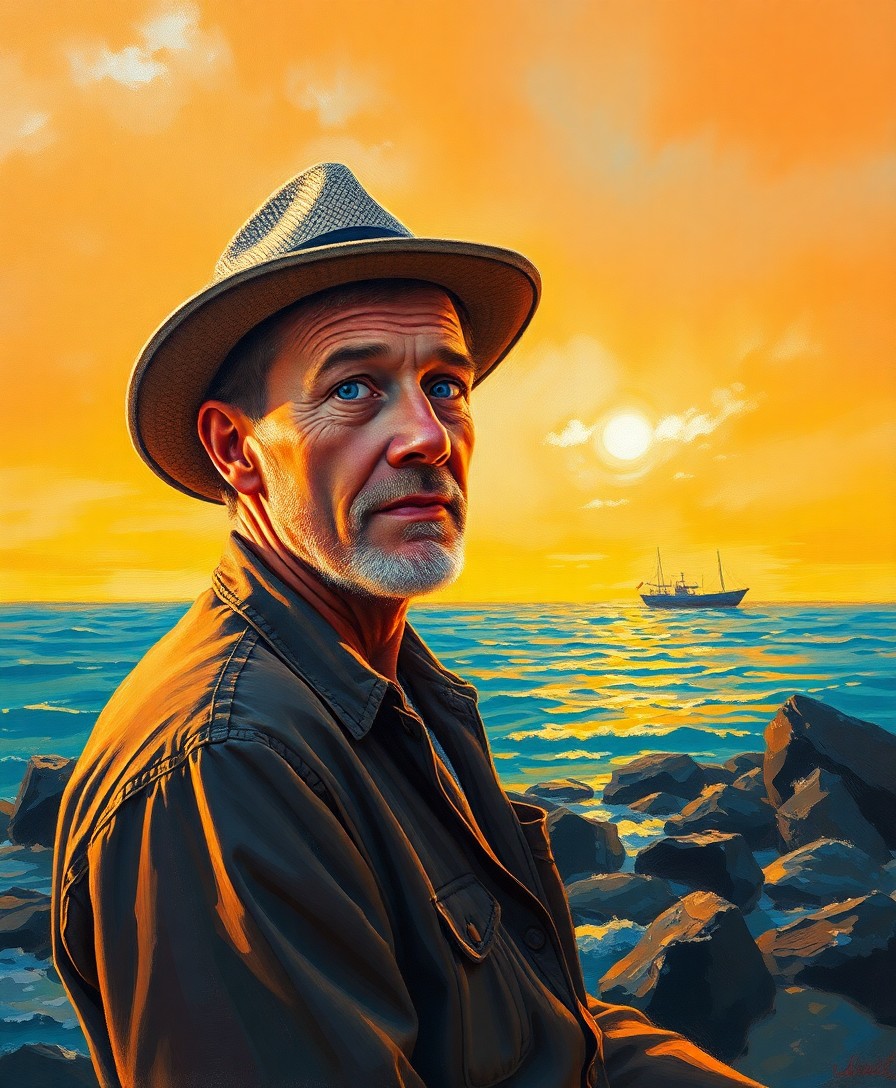 AI generated art for prompt: Craft an impressionistic oil painting capturing a sun-weathered fisherman at dusk on a rocky shore. 