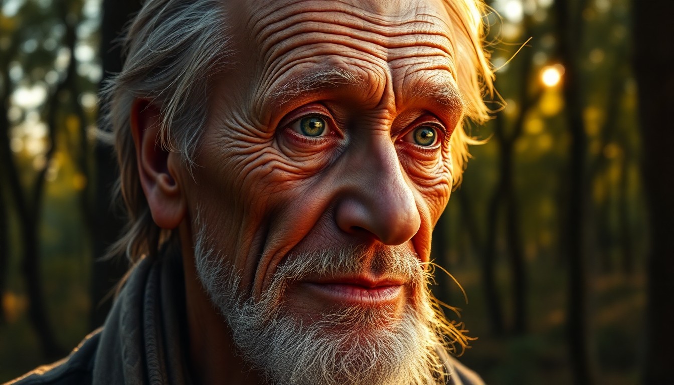 AI generated art for prompt: Craft a photorealistic portrait of an aged sage with weathered skin and piercing green eyes, set in 