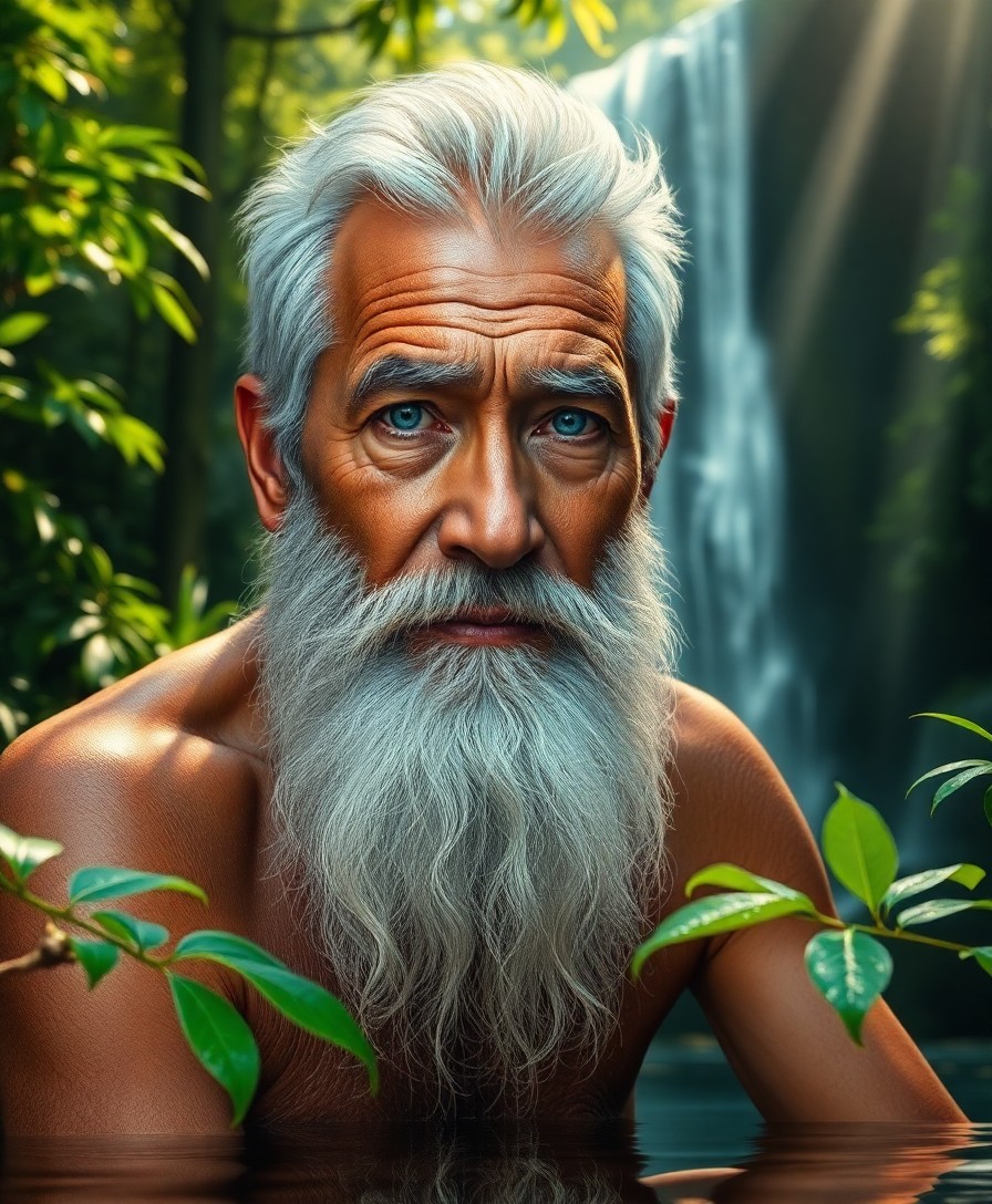 AI generated art for prompt: Craft an ultrarealistic portrait of a weathered Pacific Islander man, his serene blue eyes and bushy