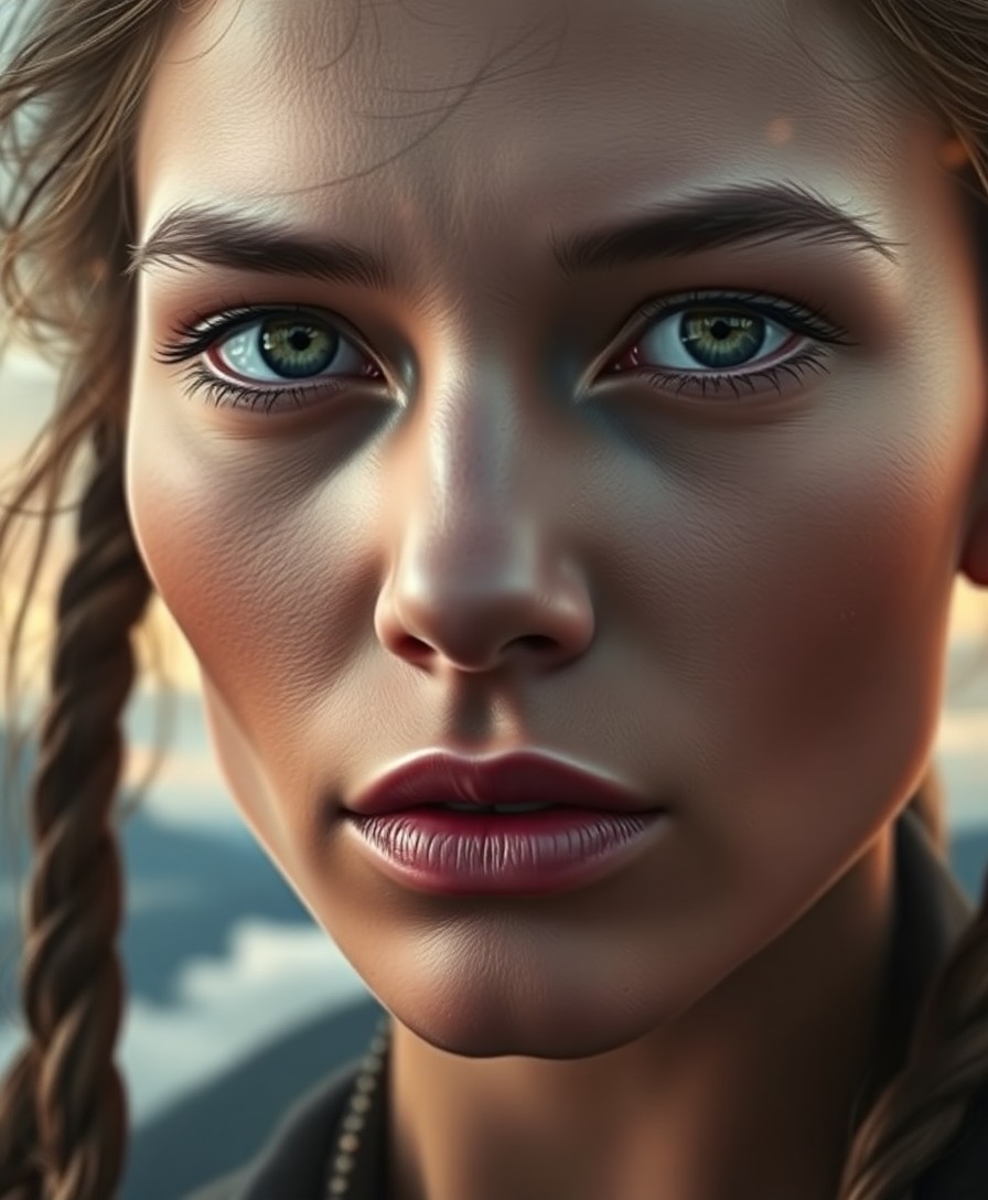 AI generated art for prompt: Envision a captivating close-up portrait of an enigmatic Native American woman with piercing eyes fi