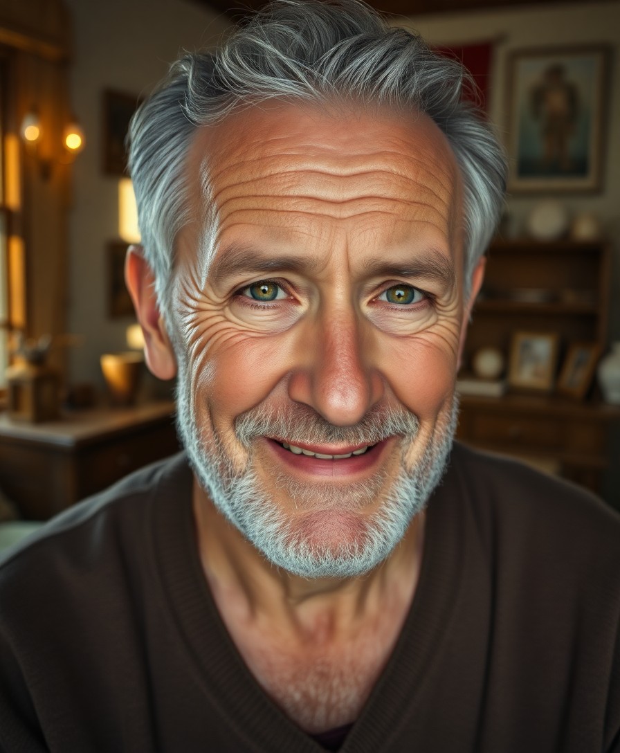 AI generated art for prompt: Craft a photorealistic portrait of an aged male subject with weathered features—deep laugh lines, gr