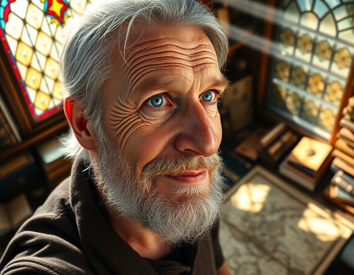 AI generated art for prompt: A photorealistic portrait depicts an aged Nordic man with weathered skin and hazy blue eyes, lost in