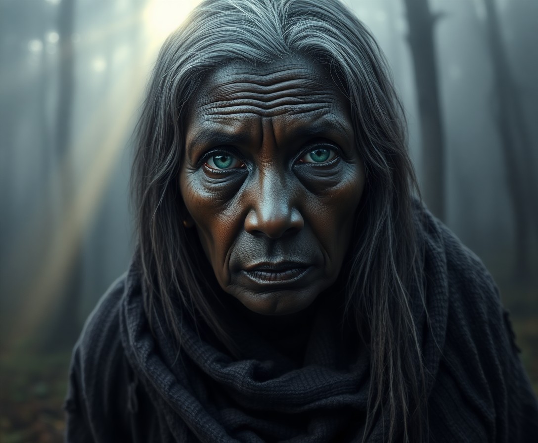 AI generated art for prompt: A photorealistic portrait of an enigmatic middle-aged African woman with worn features and intense e