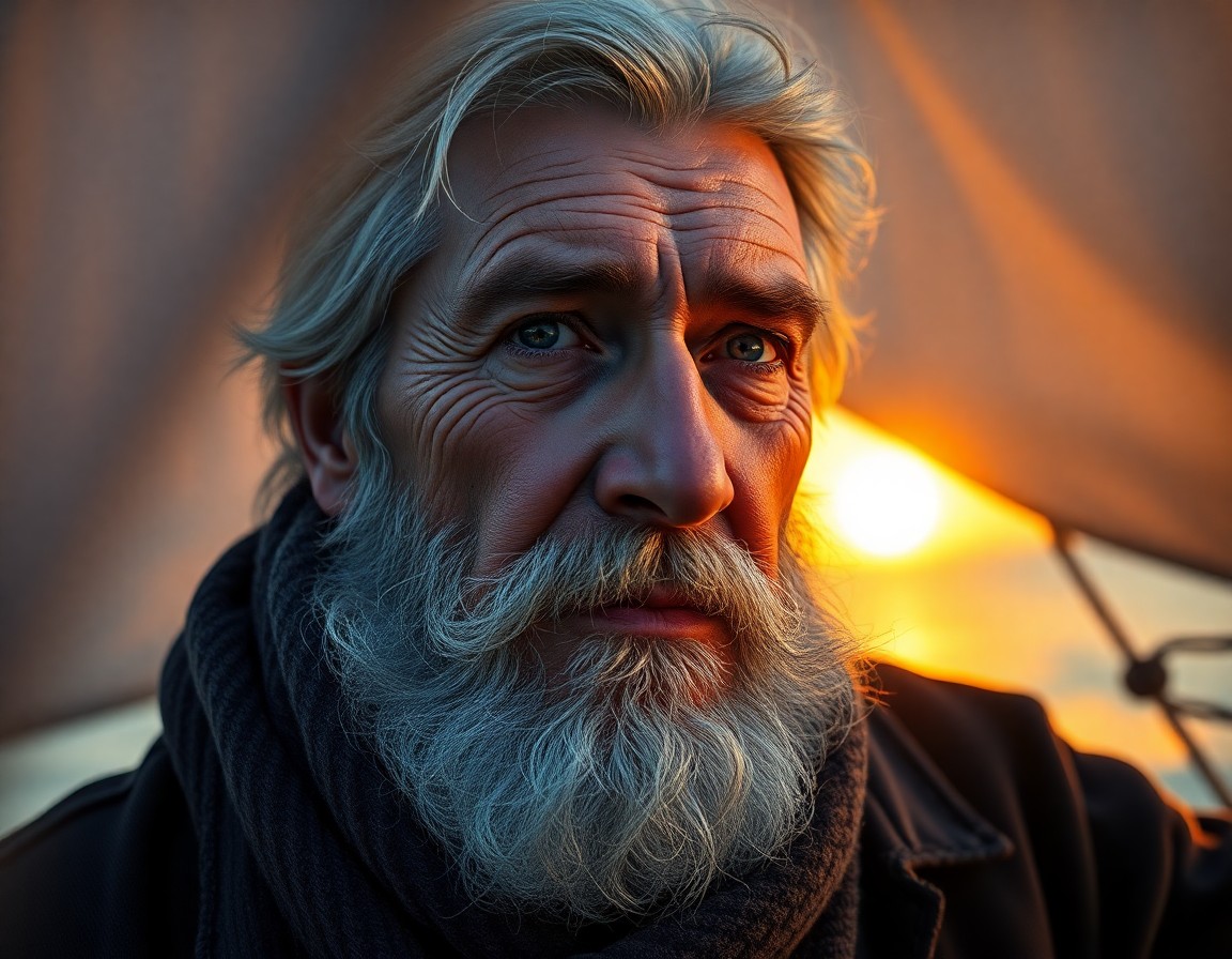 AI generated art for prompt: Craft a photorealistic portrait of an aged sea captain with rugged features and kind blue eyes. Let 