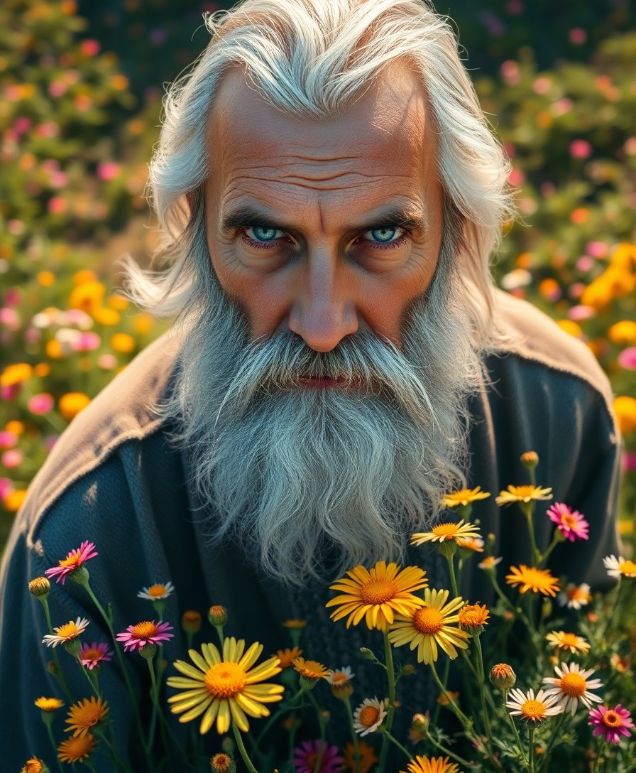 AI generated art for prompt: A hyperrealistic portrait depicts an astute Eastern European man with a lengthy white beard and drea