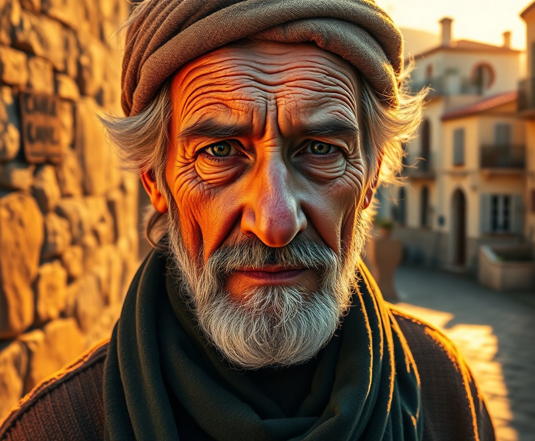 AI generated art for prompt: Craft a hyper-realistic digital painting portraying an aged Mediterranean man exuding wisdom and rus