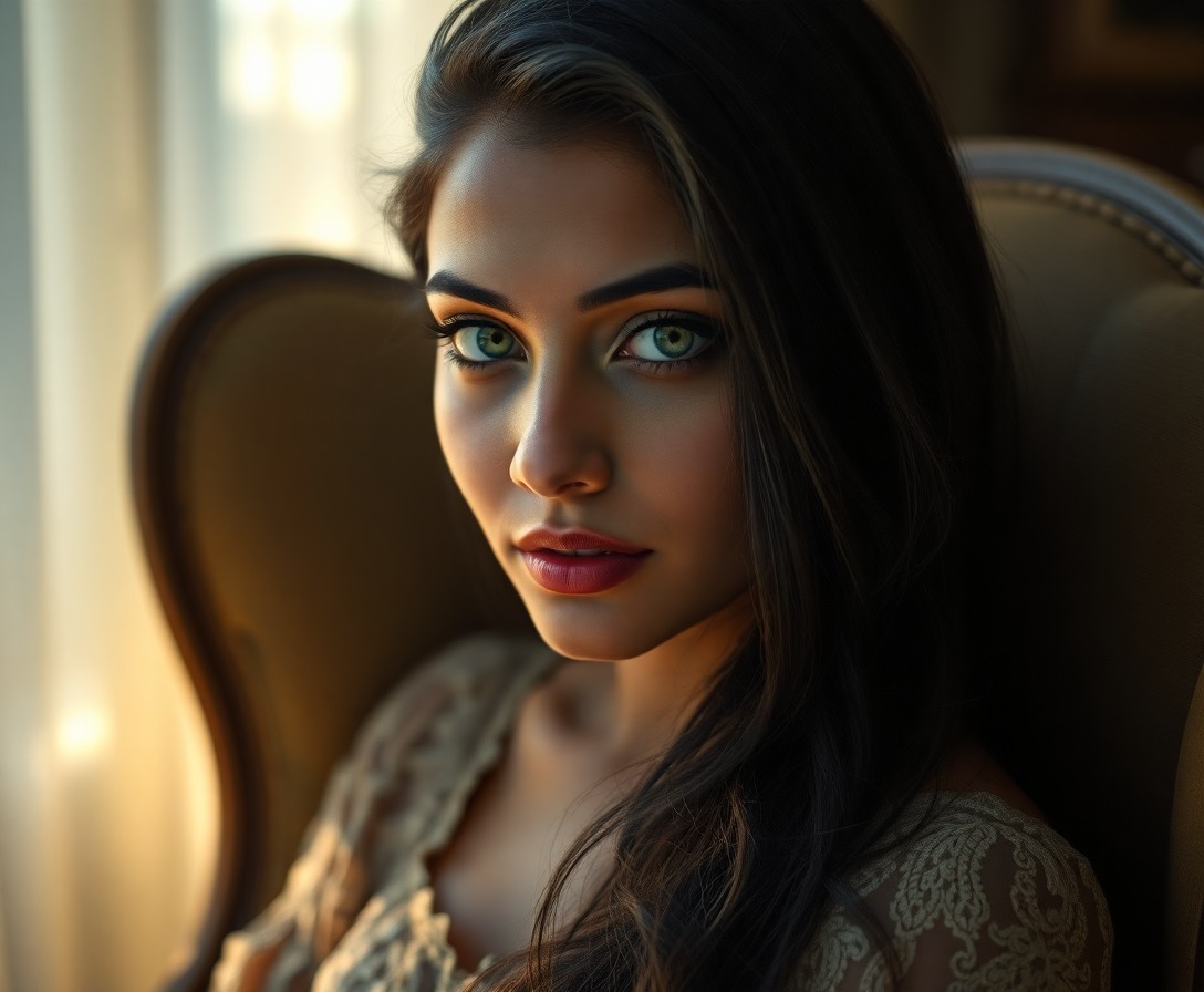 AI generated art for prompt: Craft an ultrarealistic portrait showcasing a young South Asian woman with captivating warm green ey