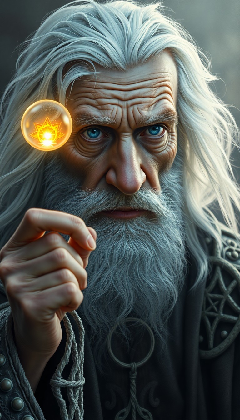 AI generated art for prompt: Render an ultra-realistic portrait of a wizened wizard with clouded blue eyes and flowing white hair