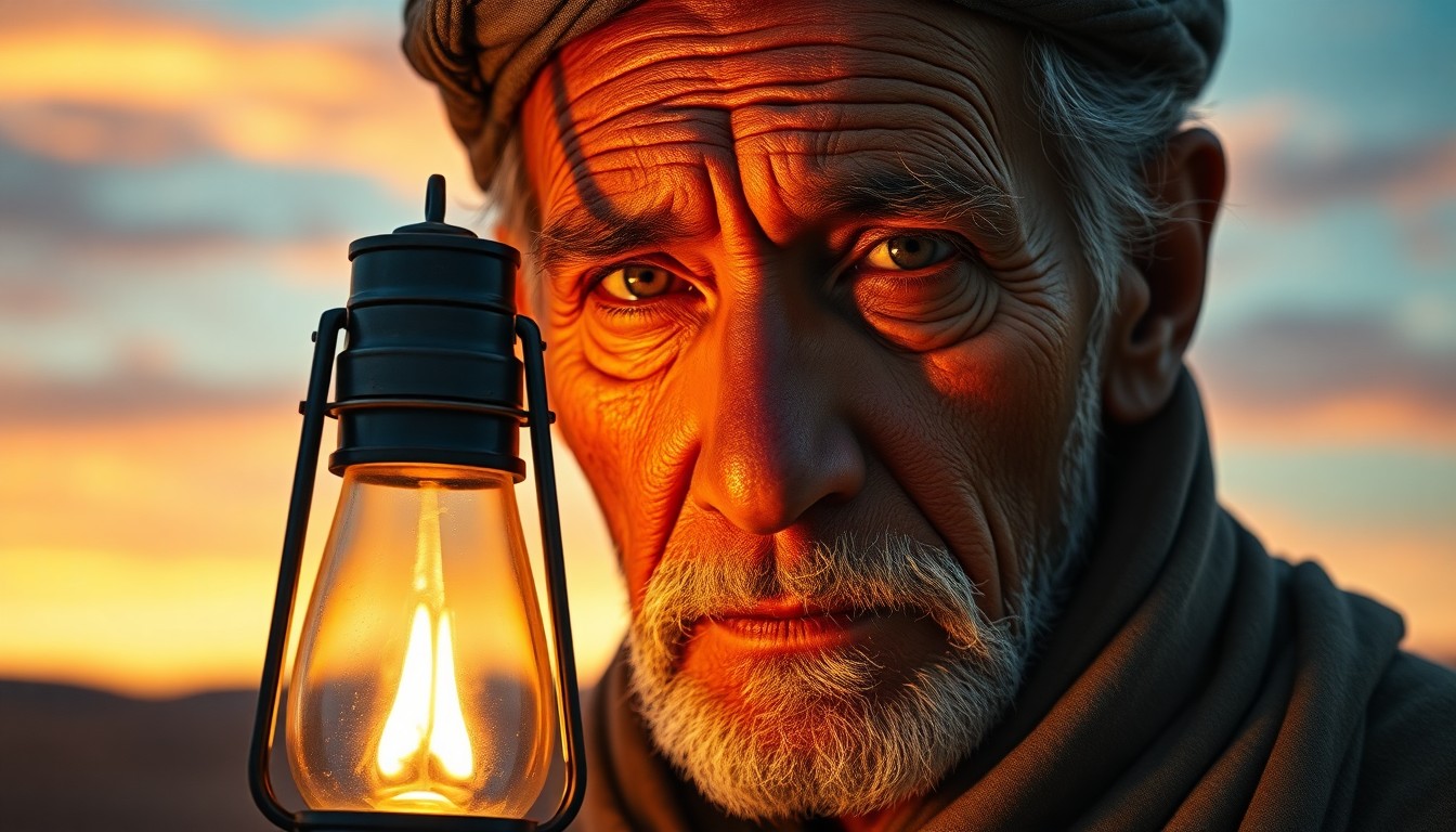 AI generated art for prompt: Craft a captivating portrait of an aged nomad with rugged features and piercing eyes in hyper-realis