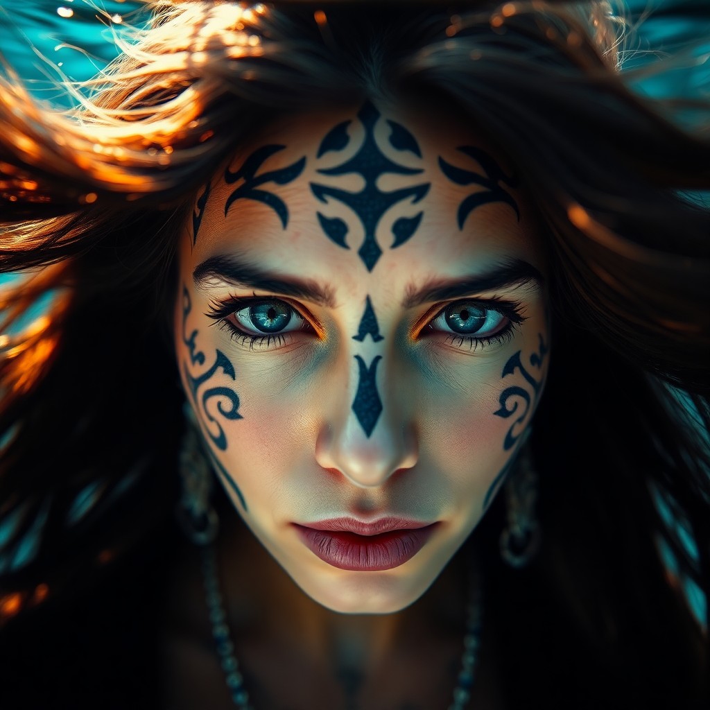 AI generated art for prompt: A mysterious Central Asian woman with intricate facial tattoos exudes ethereal beauty and power in a