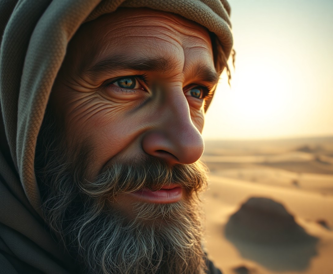 AI generated art for prompt: Craft a hyperrealistic portrait of an experienced explorer with a rugged beard and piercing eyes, ca