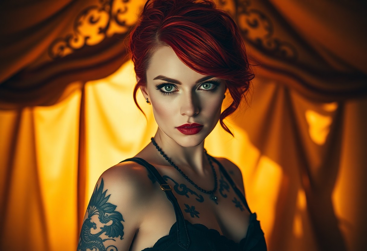 AI generated art for prompt: Imagine a captivating portrait of a circus performer with vibrant red hair and bold tattoos adorning