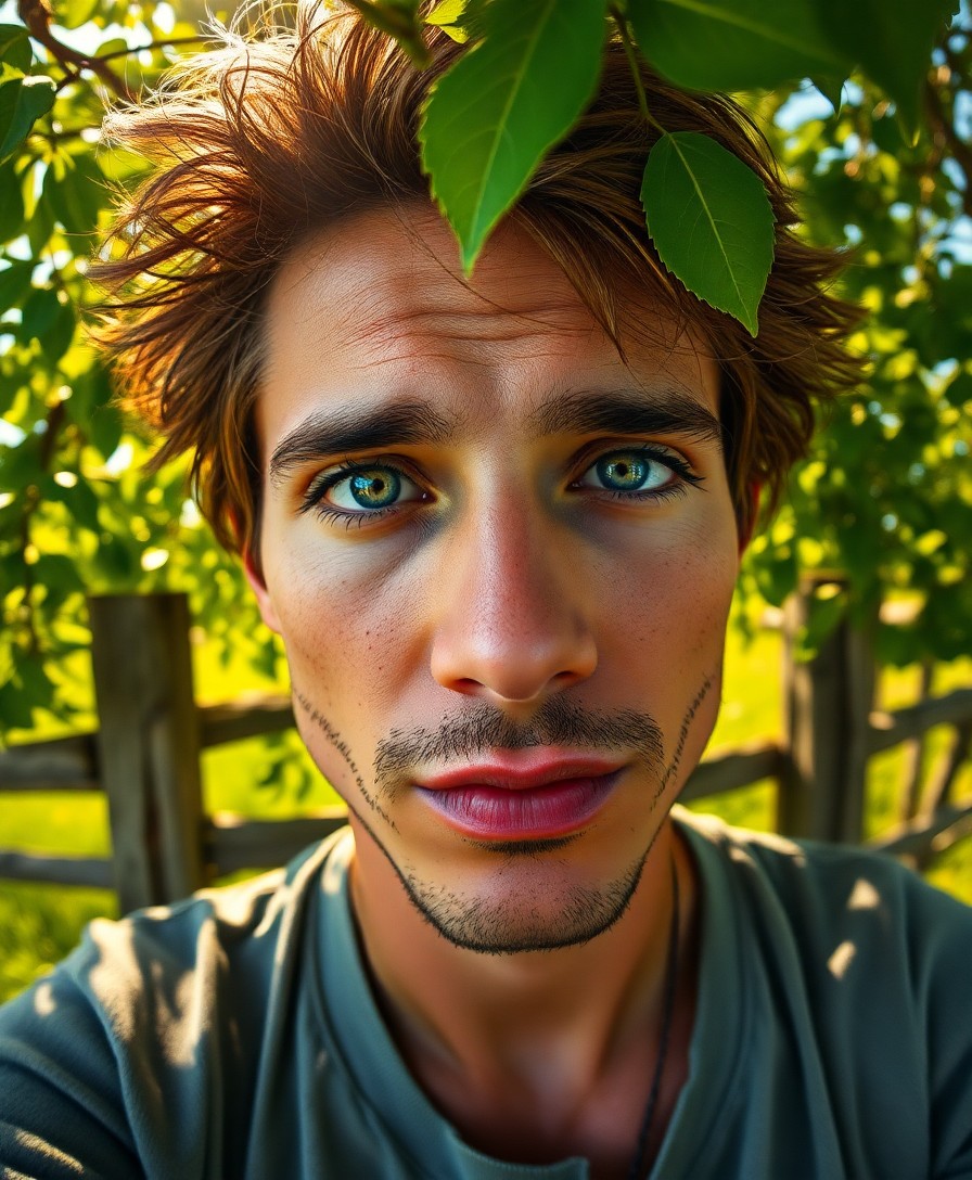 AI generated art for prompt: A photorealistic portrait depicts a young North African man with clouded blue eyes and tousled chest