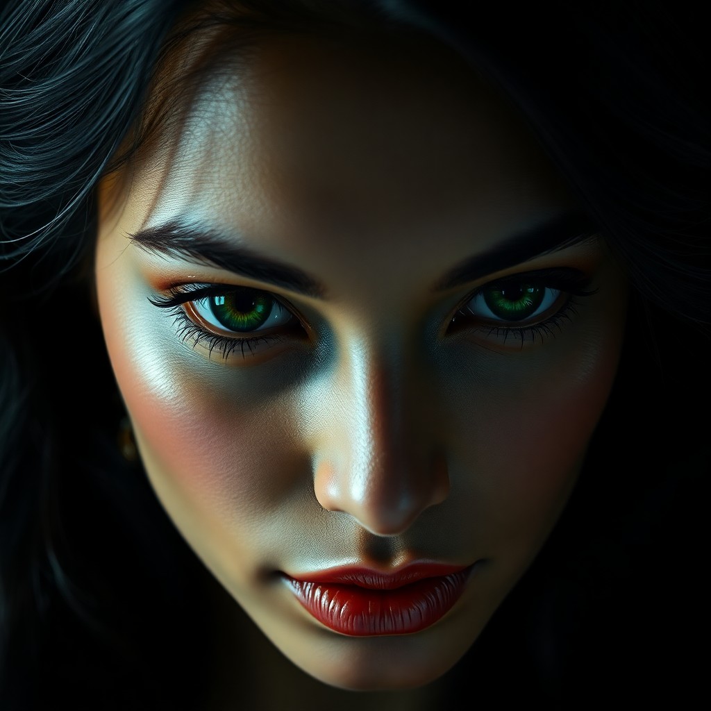 AI generated art for prompt: Imagine a hyper-realistic portrait of an enigmatic South Asian woman with mesmerizing emerald eyes a