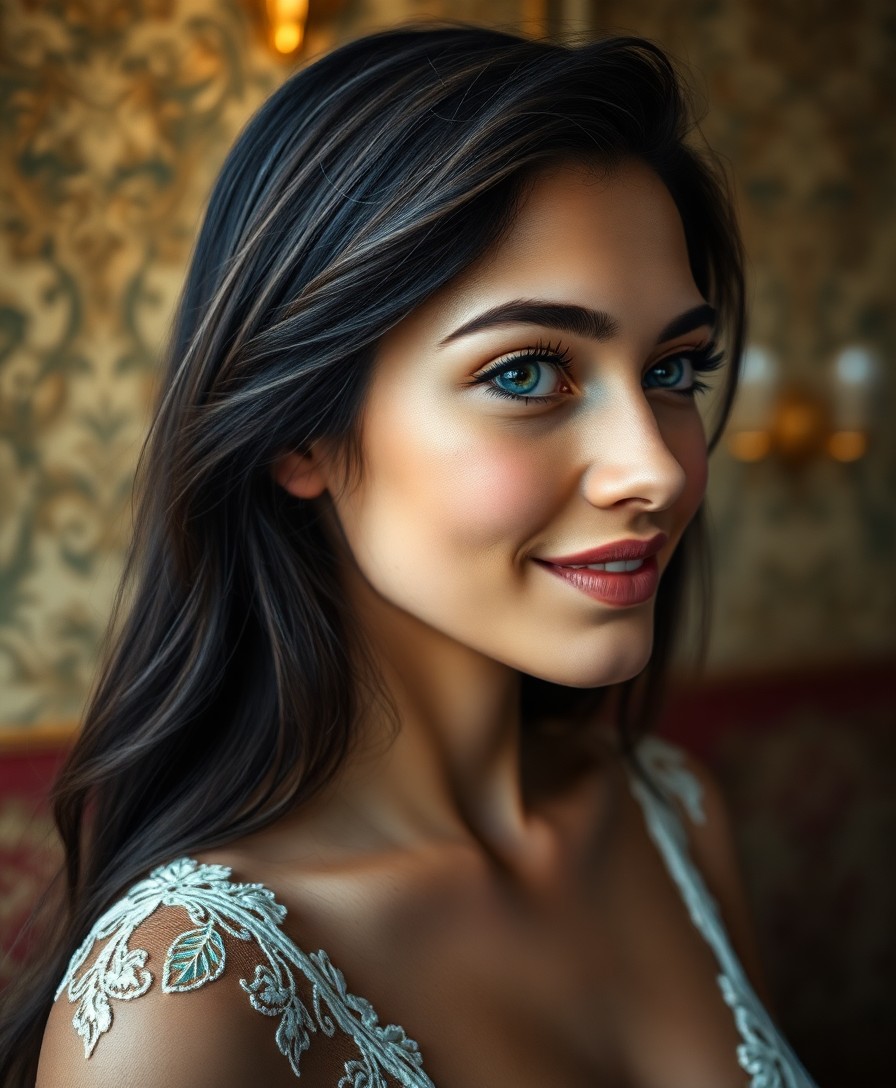 AI generated art for prompt: Create a captivating portrait of a young Mediterranean woman with striking azure eyes and full lips 