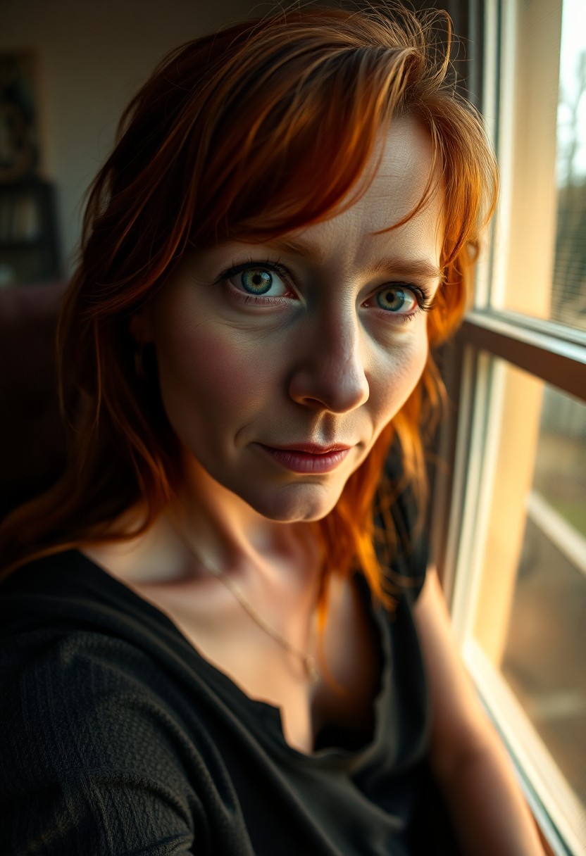 AI generated art for prompt: A photorealistic portrait of a Caucasian woman with fiery auburn hair and serene green eyes is captu