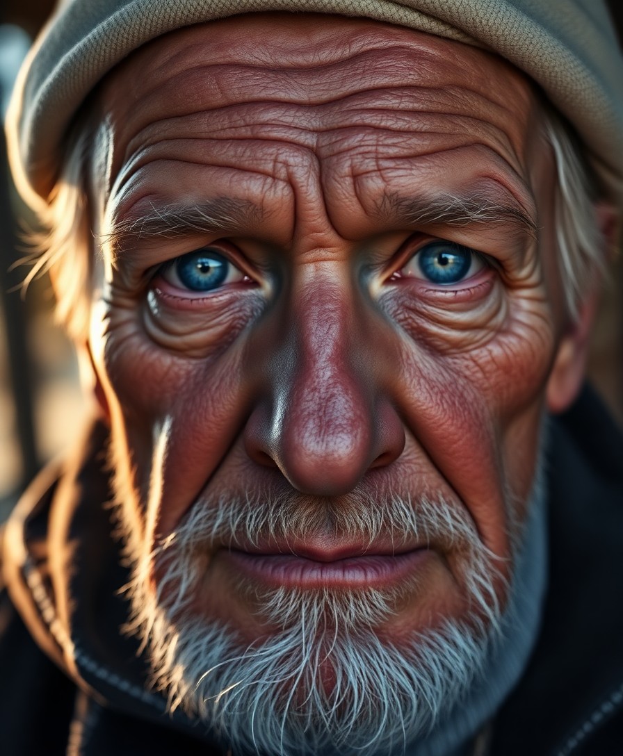 AI generated art for prompt: Craft a hyperrealistic portrait of an elderly sailor with piercing blue eyes and rugged features rem