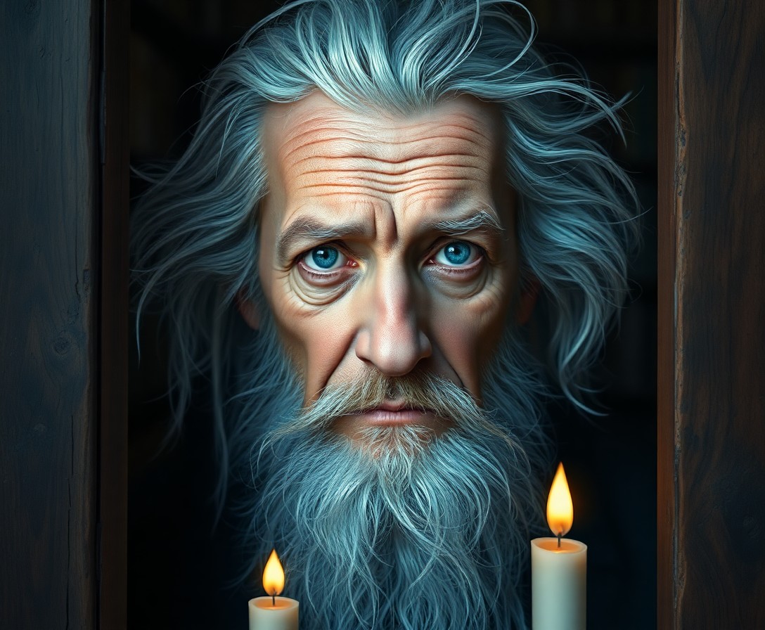 AI generated art for prompt: Envision a hyper-realistic portrait of an enigmatic old magician with calm blue eyes and unruly silv