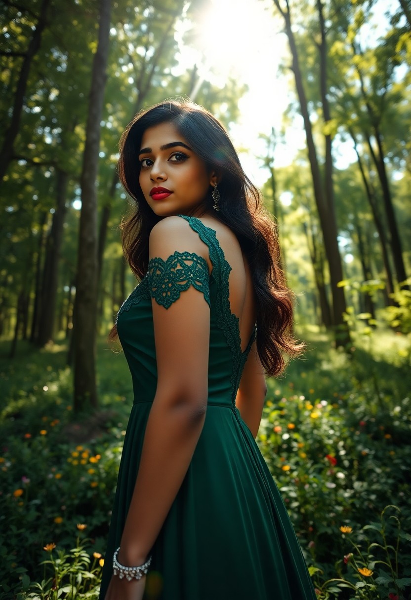 AI generated art for prompt: A young South Asian woman stands amidst a sunlit clearing within a dense forest, her back gracefully