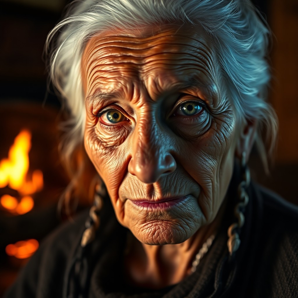 AI generated art for prompt: A photorealistic portrait focuses on an elderly Native American woman with captivating green eyes se