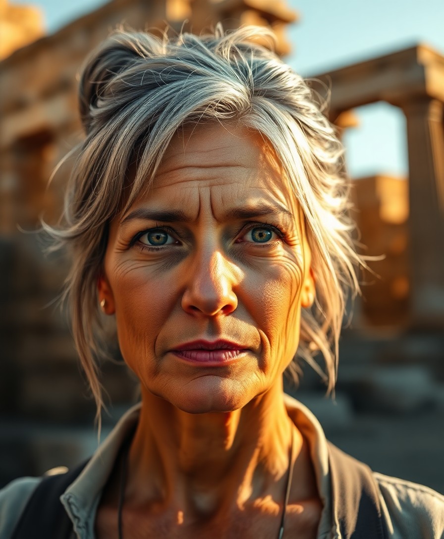 AI generated art for prompt: A super-realistic portrait depicts an experienced female archaeologist with graying hair in a loose 