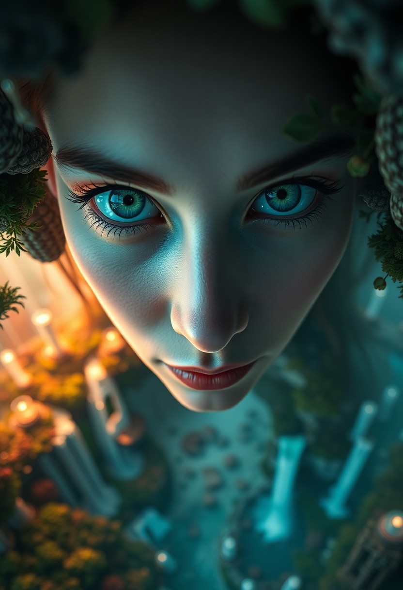 AI generated art for prompt: An enigmatic Eastern European woman's captivating emerald eyes and porcelain skin are captured from 