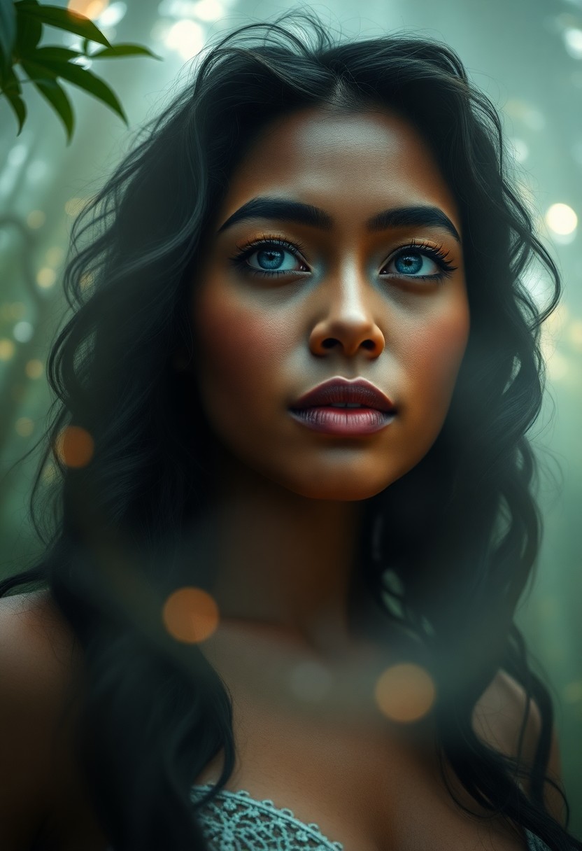 AI generated art for prompt: Craft a photorealistic portrait featuring a captivating Polynesian woman with shy blue eyes and dark