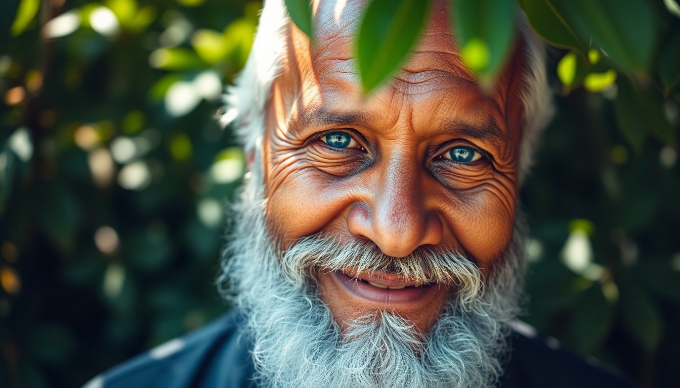 AI generated art for prompt: Imagine a smartphone portrait of an elderly Melanesian man, his weathered skin and piercing blue eye