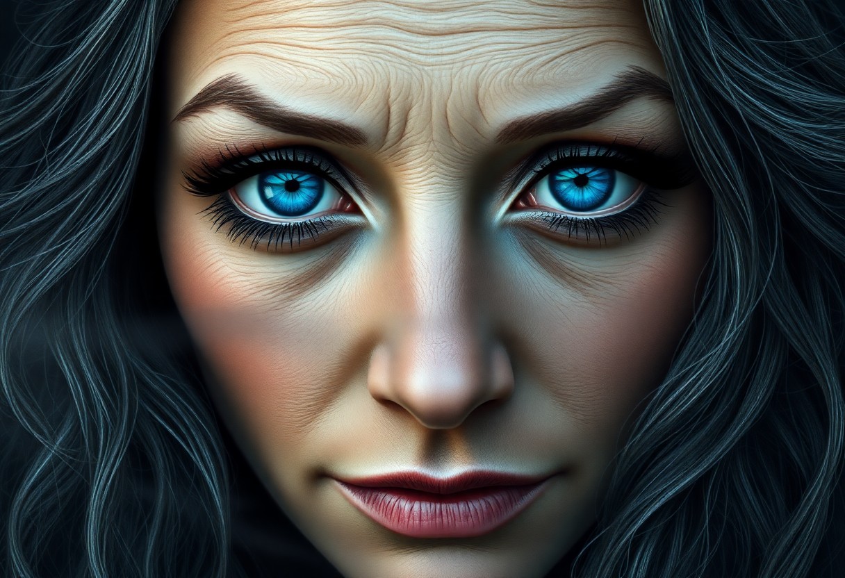 AI generated art for prompt: A hyperrealistic portrait featuring an enigmatic mystic with captivating sapphire eyes adorned by lu