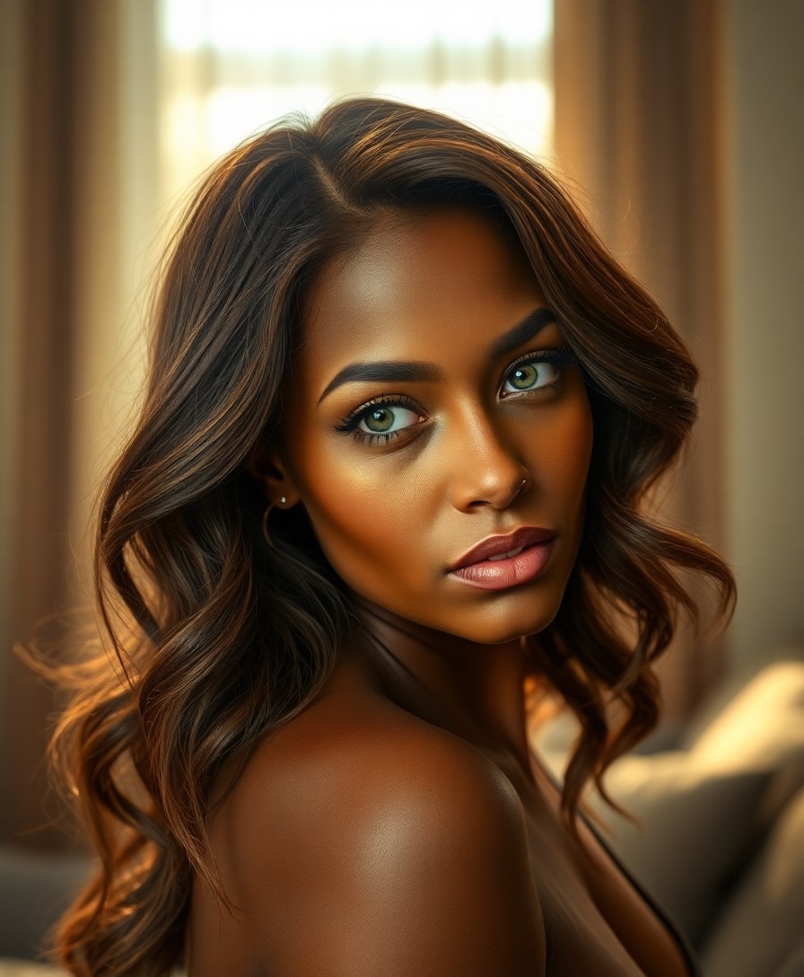 AI generated art for prompt: Craft a highly realistic portrait of a captivating 30-year-old Sub-Saharan African woman with cascad