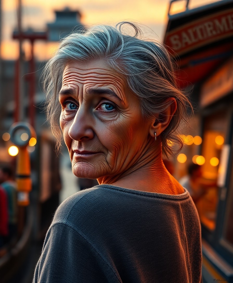 AI generated art for prompt: Create a photorealistic portrait of an elderly woman with rugged, lined features and serene blue eye