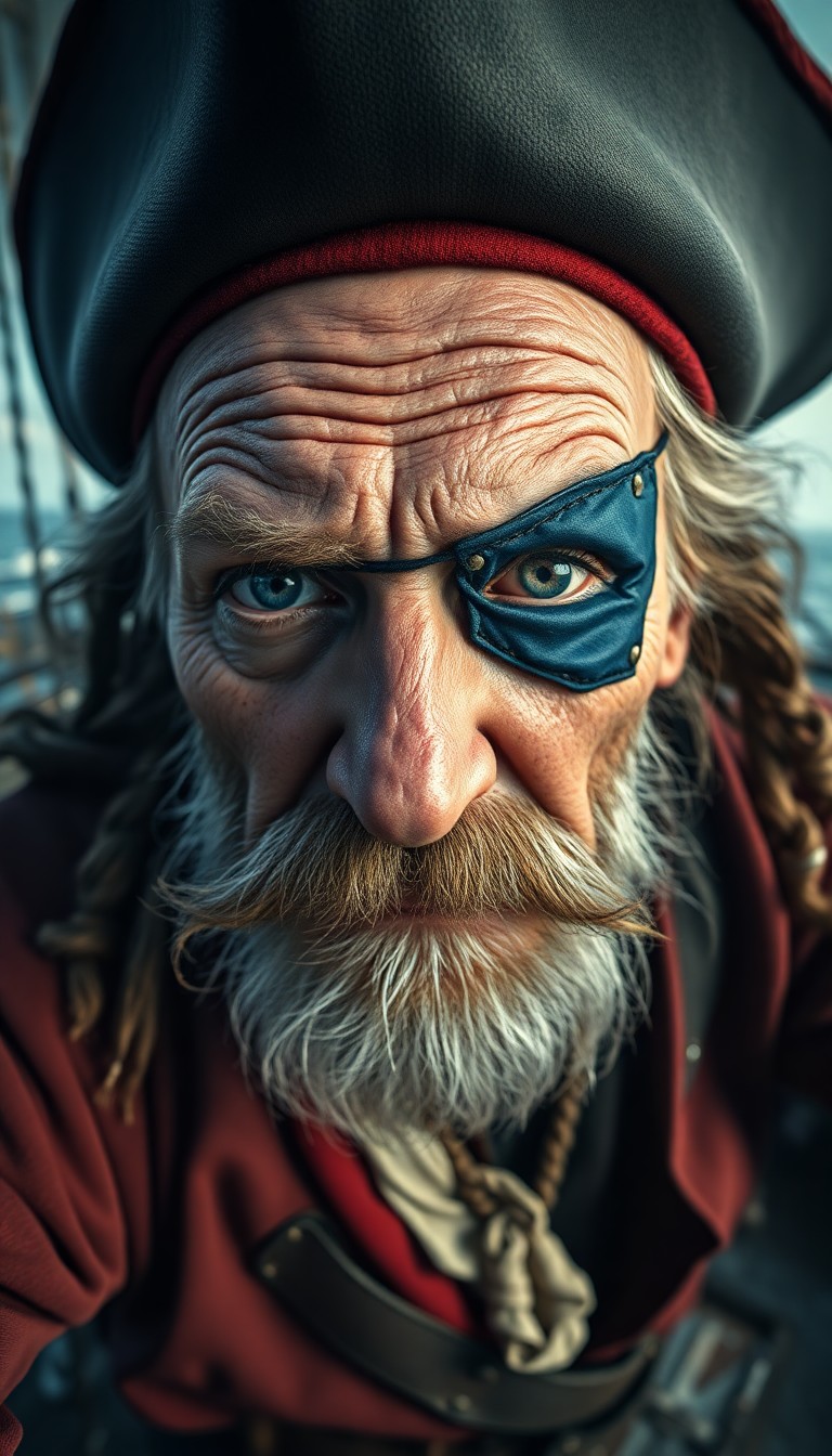 AI generated art for prompt: A hyperrealistic portrait captures an aged pirate with a patch over one eye from a unique 'bug's-eye