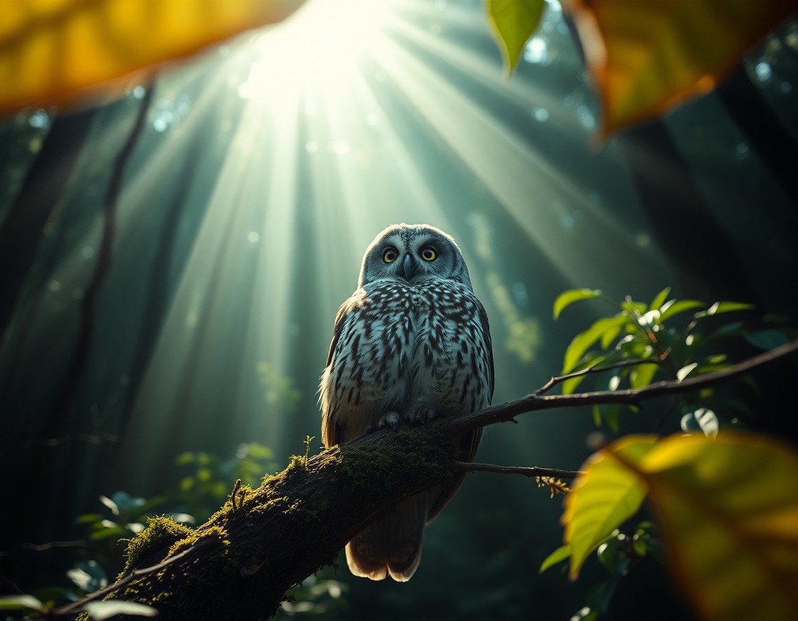 AI generated art for prompt: Envision a photorealistic portrait of an aged owl, captured through the lens of a film camera, perch