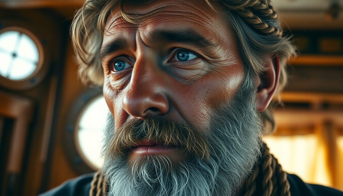 AI generated art for prompt: A highly detailed close-up portrait showcases a weathered seafarer with tranquil blue eyes and a rug