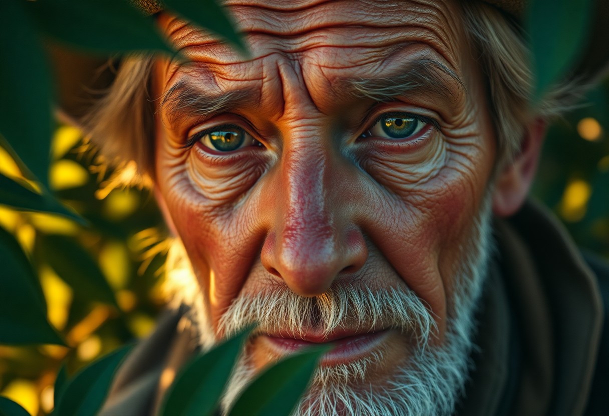 AI generated art for prompt: Visualize a hyperrealistic portrait of an aged explorer in their mid-forties, featuring weathered sk