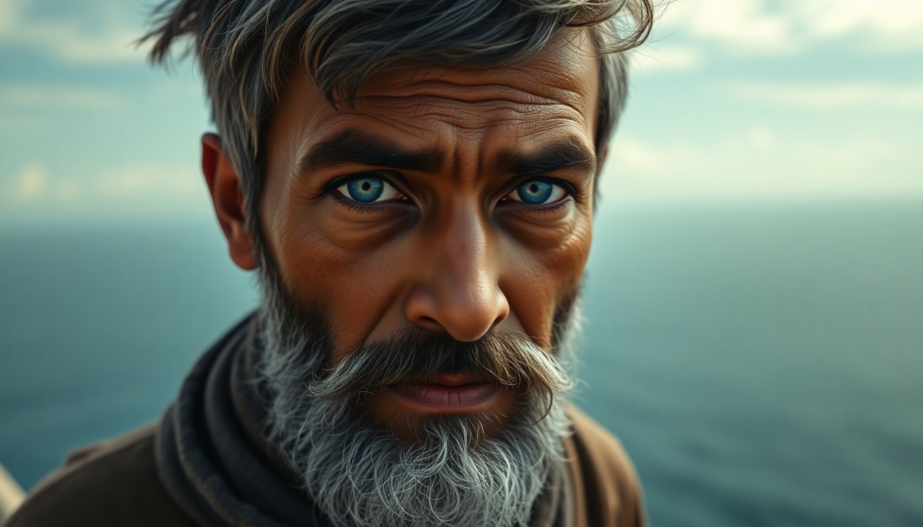 AI generated art for prompt: A photorealistic portrait photograph showcases a grizzled boy with dreamy blue eyes and a graying be