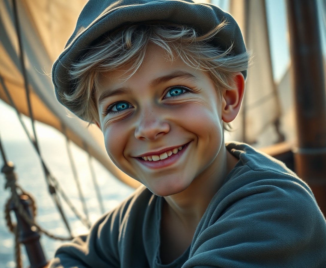 AI generated art for prompt: A photorealistic portrait depicts a boy with a radiant smile, his weathered face bearing lines etche