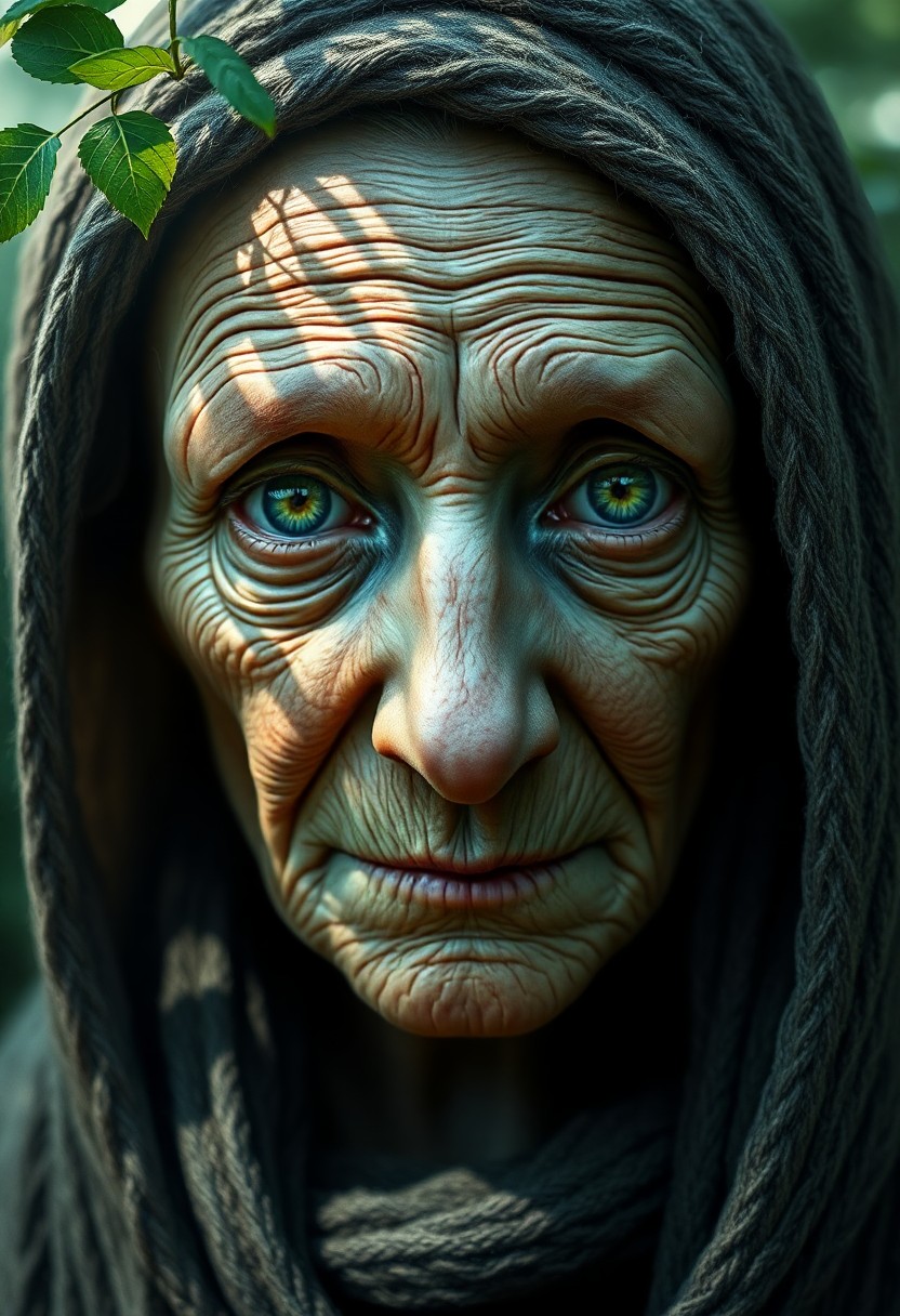 AI generated art for prompt: An ultra-realistic portrait depicts an ancient seer with captivating green eyes, their enigmatic gaz