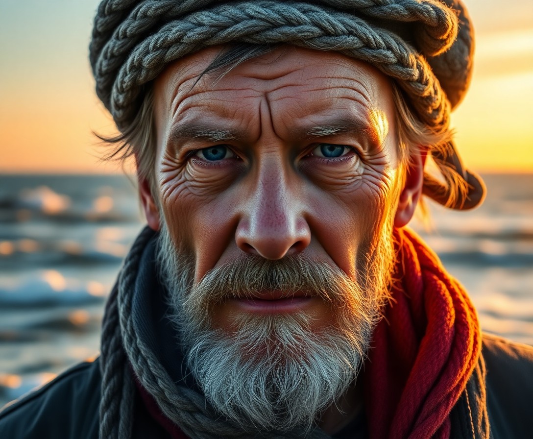 AI generated art for prompt: Craft a hyper-realistic portrait of a weathered sea captain with deep oceanic blue eyes, his rugged 