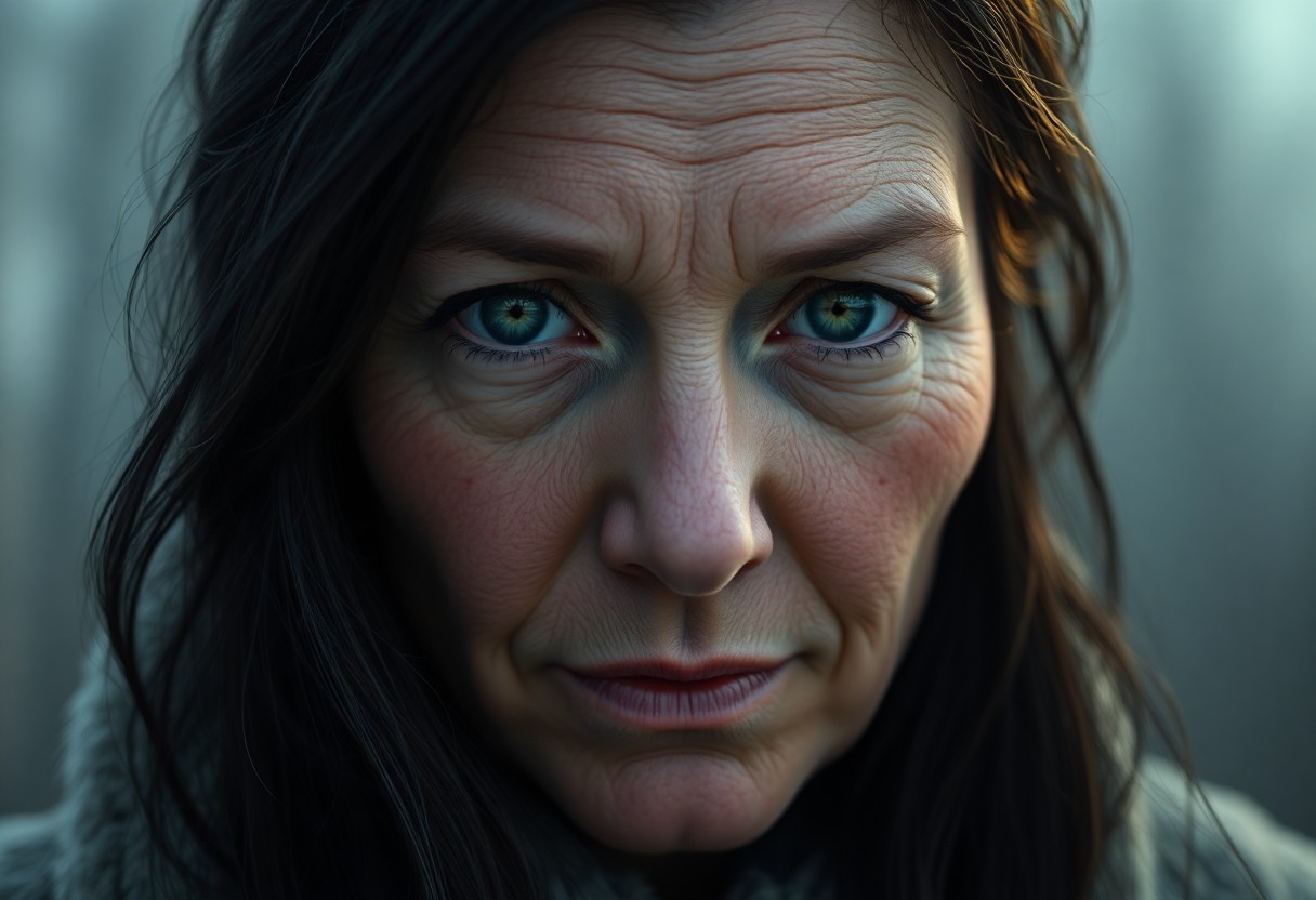 AI generated art for prompt: Craft a photorealistic portrait of a middle-aged Inuit woman with captivating green eyes and cascadi