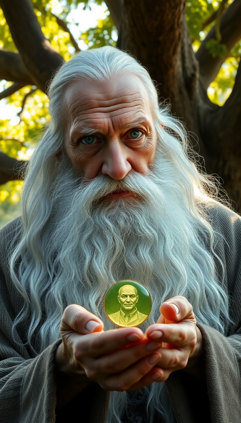 AI generated art for prompt: Craft a hyperrealistic portrait of an elderly wizard, reminiscent of Renaissance masters, showcasing